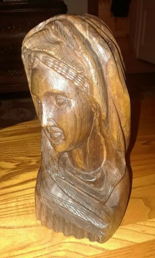 Vintage Madonna Mary Bust 8 1/2 " Wood Carving Carved