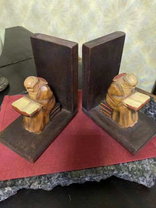 Vintage Hand Carved Wood Monks/priests Reading Book Bookends