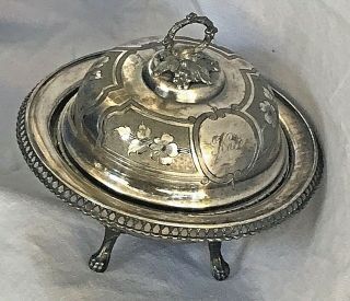 Antique Silver - Plate Metal Round Trinket Dish W Lid Glass Insert Engraved Kate