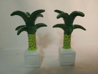 Set Of 2 Candlestick Candle Holders Ceramic Palm Trees Felt Bottom 8 " Tall