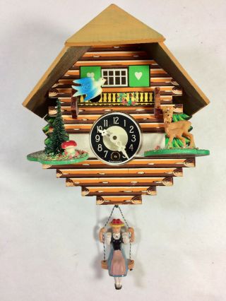 Vintage German Mini Cuckoo Clock,  Log Cabin,  Girl On Swing,  Bluebird,  Overwound