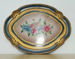 Vtg Italian Florentine Florence Floral Balsa Wood 13.  25 X10.  5 " Hand Painted Tray