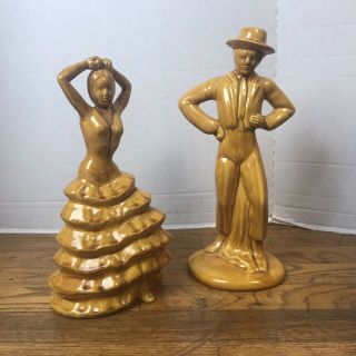 Mcm Vintage California Pottery Spanish Flamenco Dancers Golden Yellow Ceramic