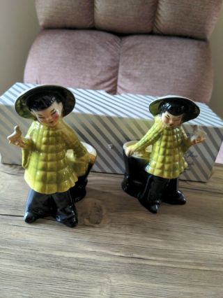 Rare Vintage Maddux Calif Pottery Pair Chinese Girl Bird In Hand Planters
