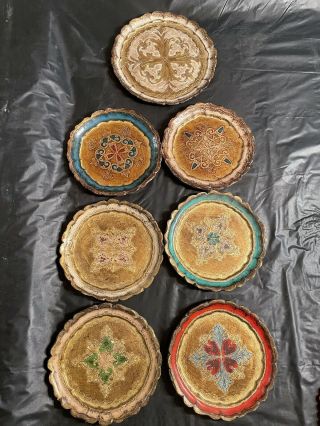 Vintage Italian Hand Painted Wooden Decorative Plates Set Of 7