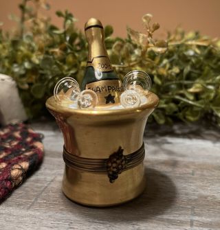 Retired Limoges Trinket Box,  Champagne Bottle In Ice Bucket With Glasses.
