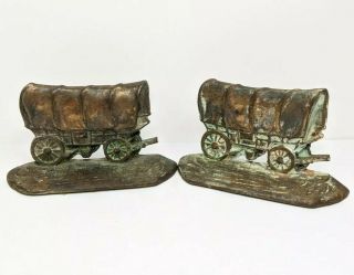 W.  H.  Howell Covered Wagons Cast Iron Bookends Vintage Antique Book Ends