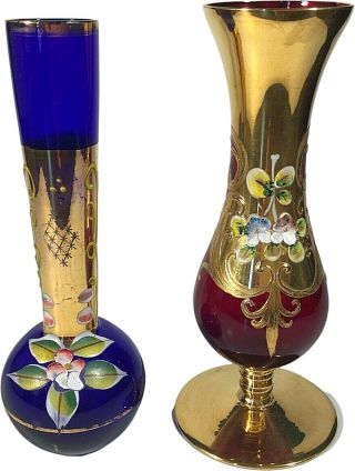 Bohemian Glass Vases Ruby Red Cobalt Blue With Gold Set Of 2 Vintage Floral