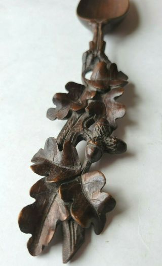 Antique Hand Carved Wooden Spoon Oak Leaves Acorns Wood Black Forest Style