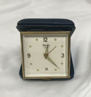 Vintage Helveco “7 Jewels” Travel Clock Blue Leather Case Swiss Made