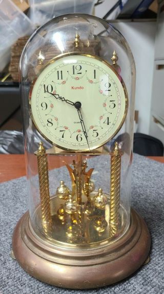 Vintage German Kundo Anniversary Clock - Brass With Glass Dome 11 - 1/2 " Tall