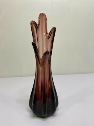 Mid Century Modern Hand Blown Amethyst Five Finger Swung Glass Art Vase Wine
