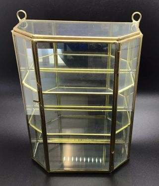 Vintage Brass 3 Shelf Glass & Mirror Curio Cabinet Wall Display Case 8”x6”x3”