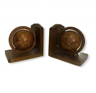 Vtg 60s Old World Globe Book Ends Set Rotating Globes Wood Base Made In Italy