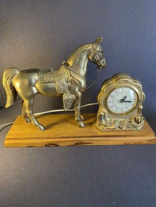 Vtg Lanshire Horse Electric Mantle Clock Model 315 Brass Wood Base 17”x11”