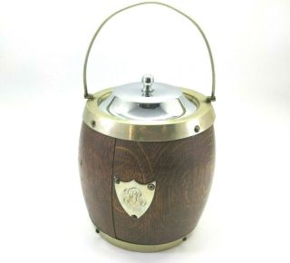 Epns Antique English Silver Crested Oak Biscuit Box Ice Bucket Porcelain Lined