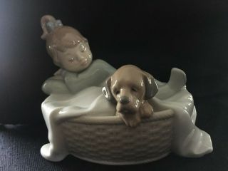 Lladro Nao Porcelain " A Basket For Two " 1416 Girl With Puppy