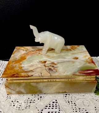 Vintage Carved White Lucky Elephant & Marble Stone Trinket Box With Hinged Lid