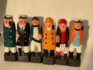 Hand Carved Wood Nautical Figures Sea Captain Fishermen Sailor Pirates 6 Total
