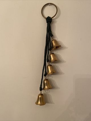 Vintage 5 Brass Indian Bells Green Rope Door Hanger 23”