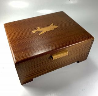 Vintage Cedar Wood Trinket Box Jewelry Box Chest With Airplane Decoration On Lid