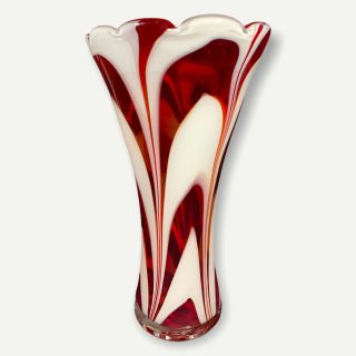 Murano Style Art Glass Hand Made Red White Vase 10”t 6”w
