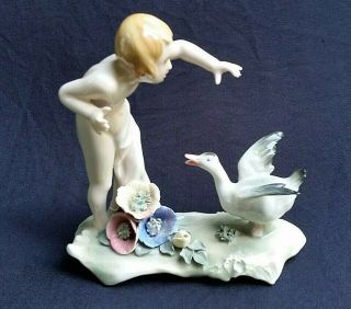 Karl Ens Volkstedt Porcelain Figurine Nude Girl With Goose C 1919 Germany Marked
