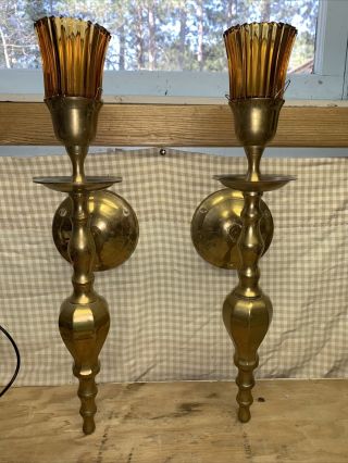 Vintage Tall Brass Candle Holders Wall Sconces W/amber Glass Votive Cups 15 3/4”