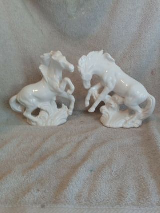 Vintage Pair Ceramic Bisque White Horse Figurines Unusual Mustang Wild Stalions