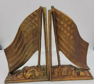Cast Iron Usa American Flag Bookends Bronze Finish Unmarked Vintage Heavy 7 "