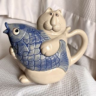 Fitz & Floyd Cat Holding Blue Fish Teapot