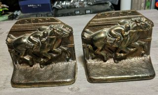Vintage 4.  5 " X6.  75 " Metal Horse Racing Jockey Bookend Figurine Desk Statues