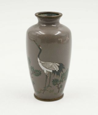 Vintage Japanese Gray Enamel Cloisonne Vase With Crane Mid 20th Century 3 1/2 " H