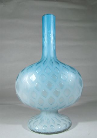 Victorian Mother Of Pearl Quilted Diamond Cased White Blue Satin Glass Bud Vase