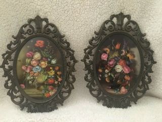 Vintage Set Floral Flowers Print Oval Metal Scroll Picture Frame Made In Italy 2
