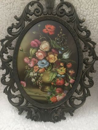 Vintage Set Floral Flowers Print Oval Metal Scroll Picture Frame Made In Italy 3