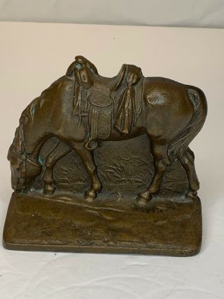 Vintage Cast Iron Bronze Brass Finish Bookend Saddled Horse