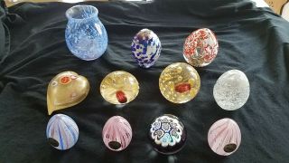 Set Of 11 Vintage Murano Ribbon Eggs & Bubble Paperweights,  Blue Vase And Others