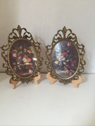Vintage Floral Set Of 2 Floral Prints With Brass Frame Made In Italy Each 10”x7”
