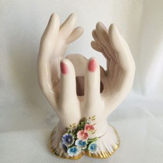Vintage Lefton Hand Painted Porcelain 5 " Bisque Lady Hands Vase - See Descripton