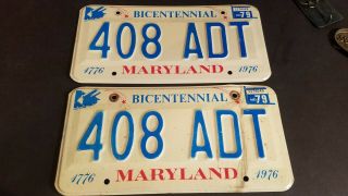 Vintage Bicentennial Maryland License Plates 1776 - 1976 Set Of 2 Matched