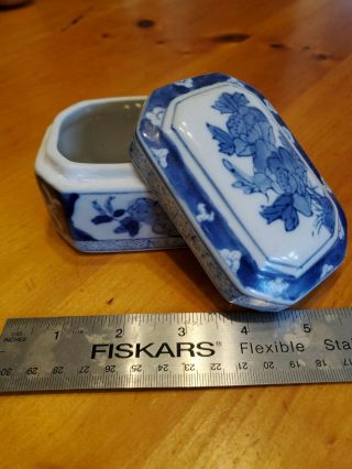 Vintage Asian Blue White Floral Porcelain Handpainted Signed Trinket Box