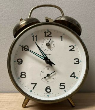 Vintage Jerger Brass Double - Bell Wind Up West Germany Alarm Clock Ticks 5.  5”