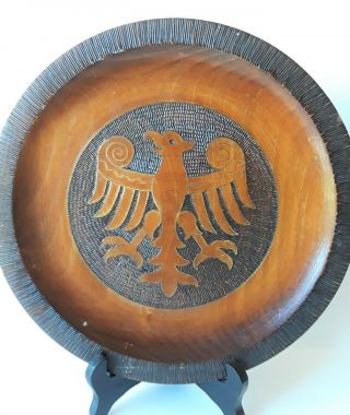 Vintage Cepelia Poland Hand Carved Wood Plate Brass Inlay Polish Eagle 10 1/8 "