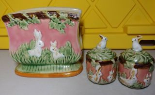 Vintage Nouveau Majolica Napkin Holder & Salt Pepper Shakers Bunny Rabbits 1991