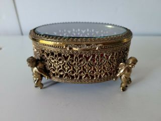 Vintage Gold Ormolu Oval Jewelry Casket Trinket Box Beveled Glass Cherb Legs