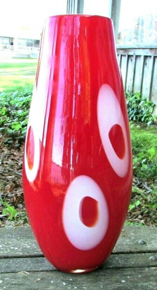 Mid - C Modern Murano Italian Hand Blown Art Glass Lg Vase 11 " Red White Cased Ec