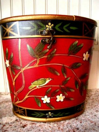 Vintage Style French Tole Folk Art Oval Lidded Box Red With Handpainted Birds