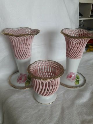 Vintage Metasco 3 Pc Vase Set Pink With Rose Print