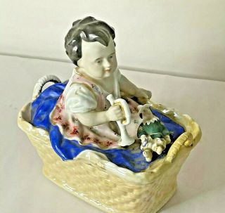 Antique Porcelain Figurine Baby Girl in Laundry Basket with Toys Box 2